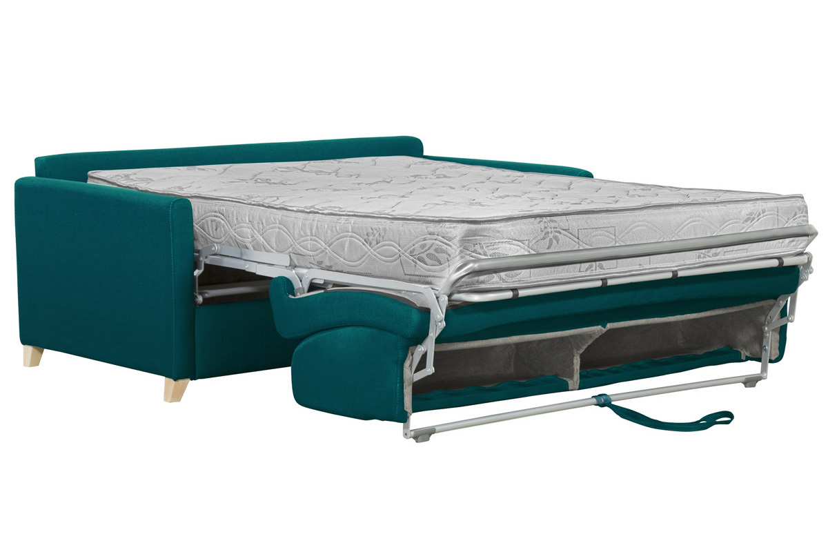 Sof cama 3 plazas nrdico azul petrleo y madera clara con colchn de 18 cm SKANDY