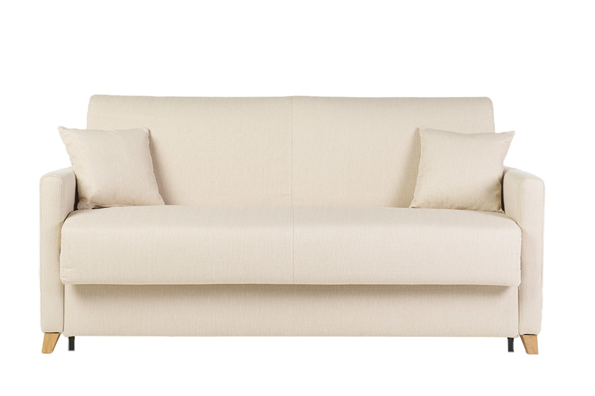 Sof cama 3 plazas nrdico beige y madera clara con colchn de 18 cm SKANDY