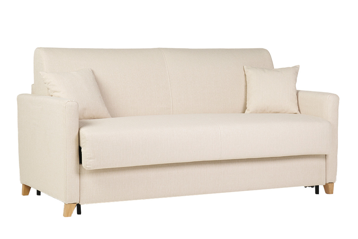 Sof cama 3 plazas nrdico beige y madera clara con colchn de 18 cm SKANDY