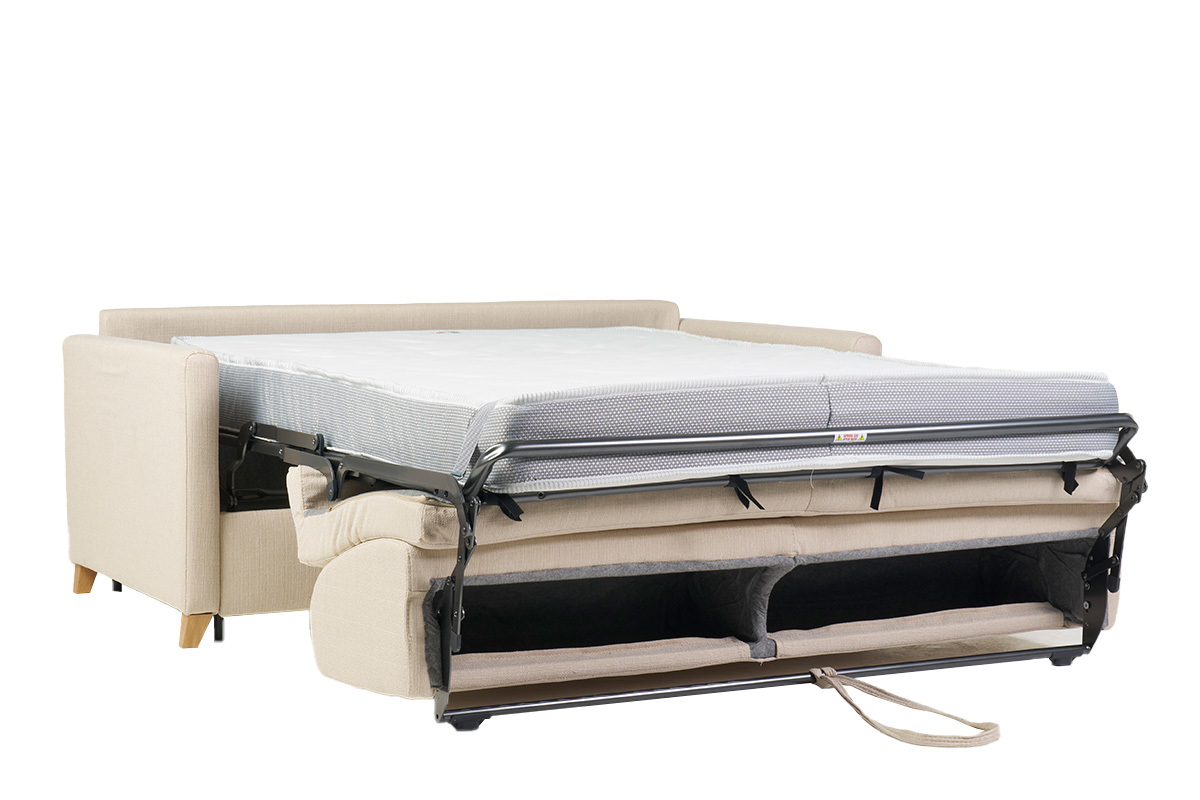 Sof cama 3 plazas nrdico beige y madera clara con colchn de 18 cm SKANDY