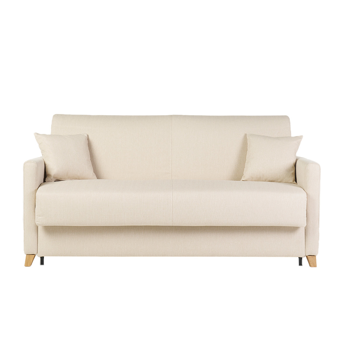 Sofá cama 3 plazas nórdico beige y madera clara con colchón de 18 cm SKANDY