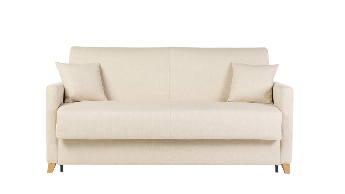 Sof cama 3 plazas nrdico beige y madera clara con colchn de 18 cm SKANDY