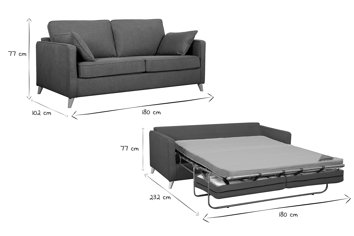 Sof cama 3 plazas nrdico de tela gris antracita y madera clara con colchn de 10 cm PAPEL