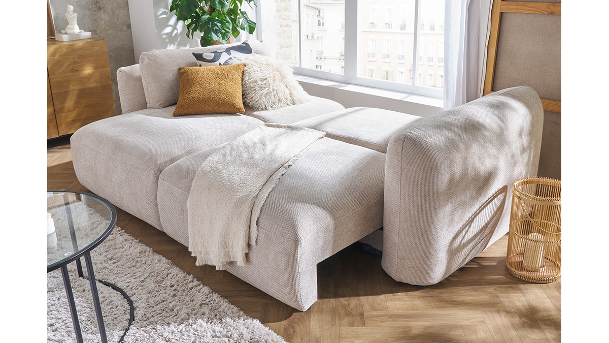 Sof cama 4 plazas con canap de terciopelo chenilla beige CRUSH