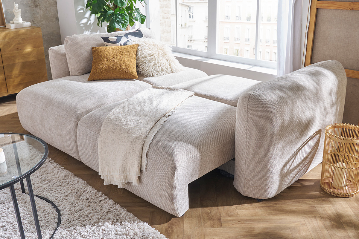 Sof cama 4 plazas con canap de terciopelo chenilla beige CRUSH