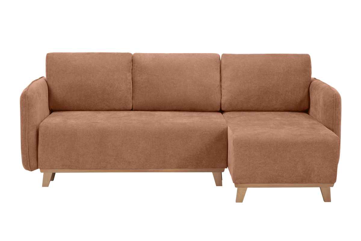 Sof cama chaise longue reversible 3-4 plazas de tejido efecto aterciopelado terracota y madera clara ROMANE