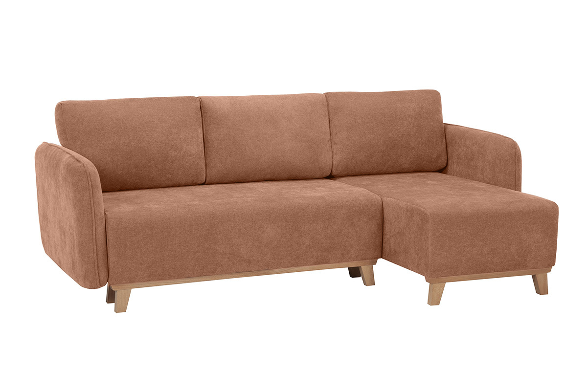 Sof cama chaise longue reversible 3-4 plazas de tejido efecto aterciopelado terracota y madera clara ROMANE