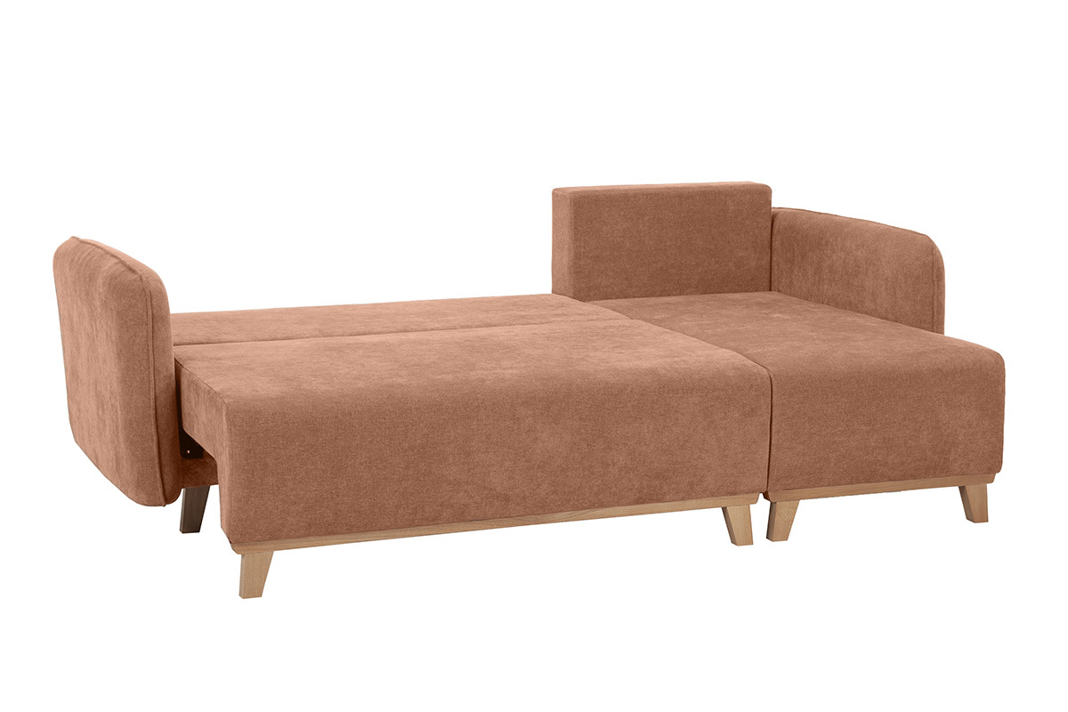 Sof cama chaise longue reversible 3-4 plazas de tejido efecto aterciopelado terracota y madera clara ROMANE