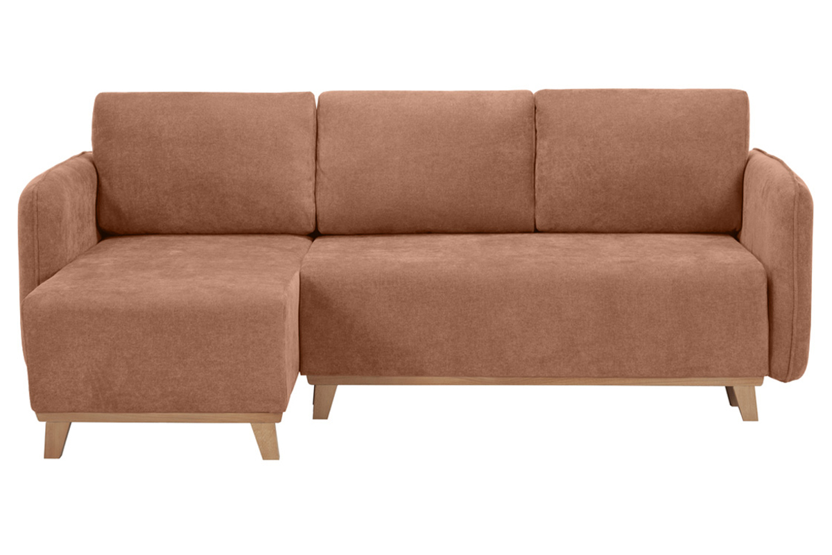 Sof cama chaise longue reversible 3-4 plazas de tejido efecto aterciopelado terracota y madera clara ROMANE