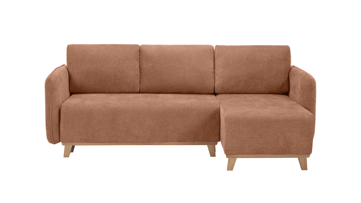 Sof cama chaise longue reversible 3-4 plazas de tejido efecto aterciopelado terracota y madera clara ROMANE