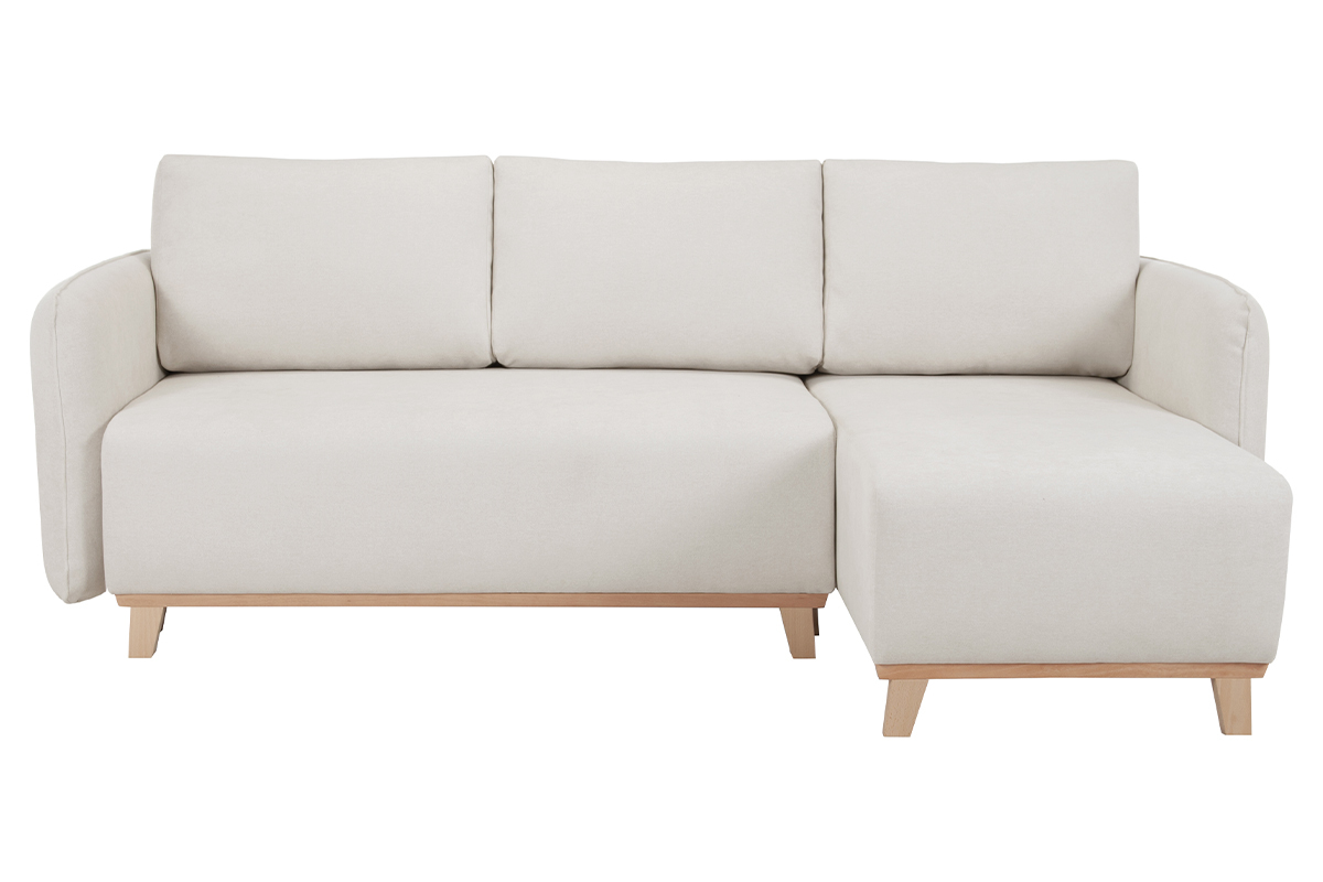 Sof cama chaise longue reversible 3-4 plazas de tejido efecto aterciopelado texturizado beige y madera clara ROMANE