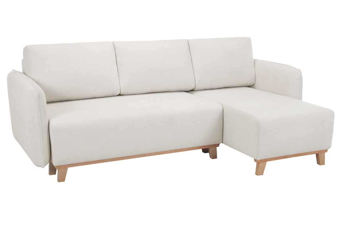 Sof cama chaise longue reversible 3-4 plazas de tejido efecto aterciopelado texturizado beige y madera clara ROMANE