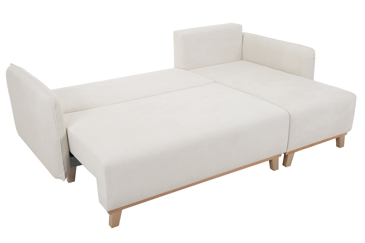 Sof cama chaise longue reversible 3-4 plazas de tejido efecto aterciopelado texturizado beige y madera clara ROMANE