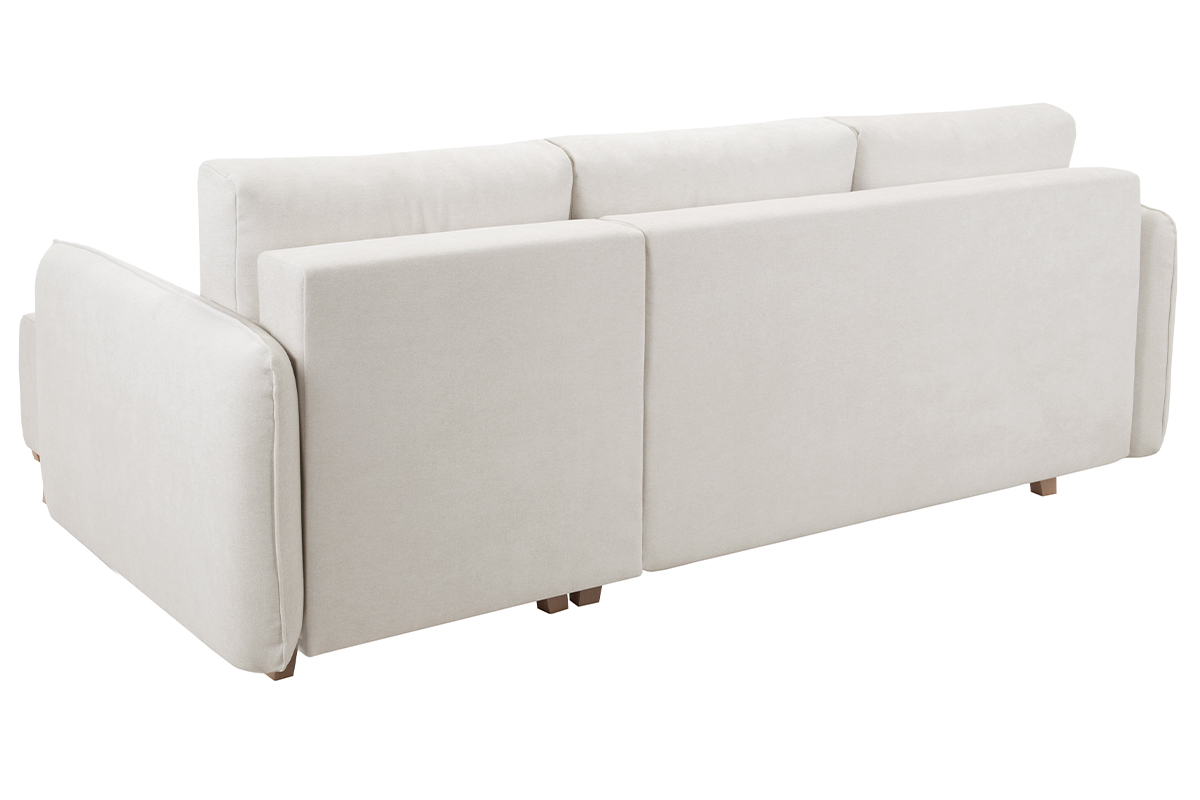 Sof cama chaise longue reversible 3-4 plazas de tejido efecto aterciopelado texturizado beige y madera clara ROMANE