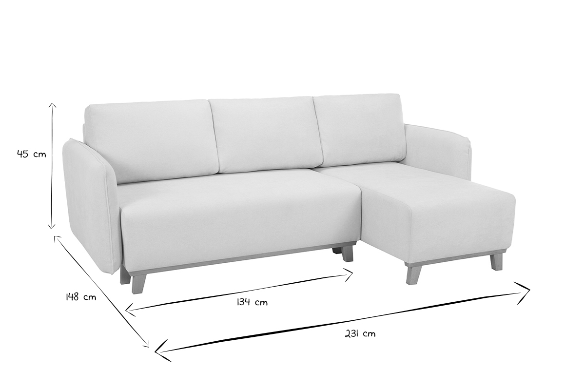 Sof cama chaise longue reversible 3-4 plazas de tejido efecto aterciopelado texturizado beige y madera clara ROMANE