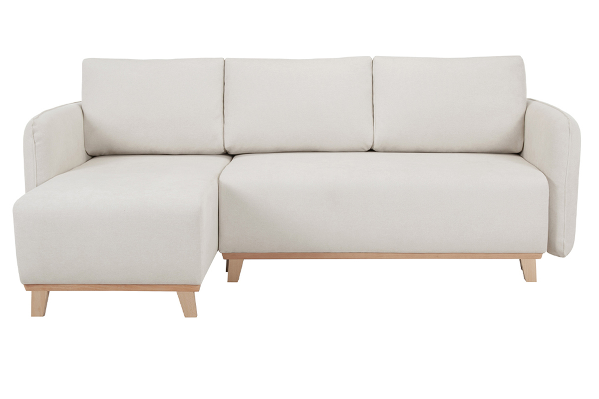 Sof cama chaise longue reversible 3-4 plazas de tejido efecto aterciopelado texturizado beige y madera clara ROMANE