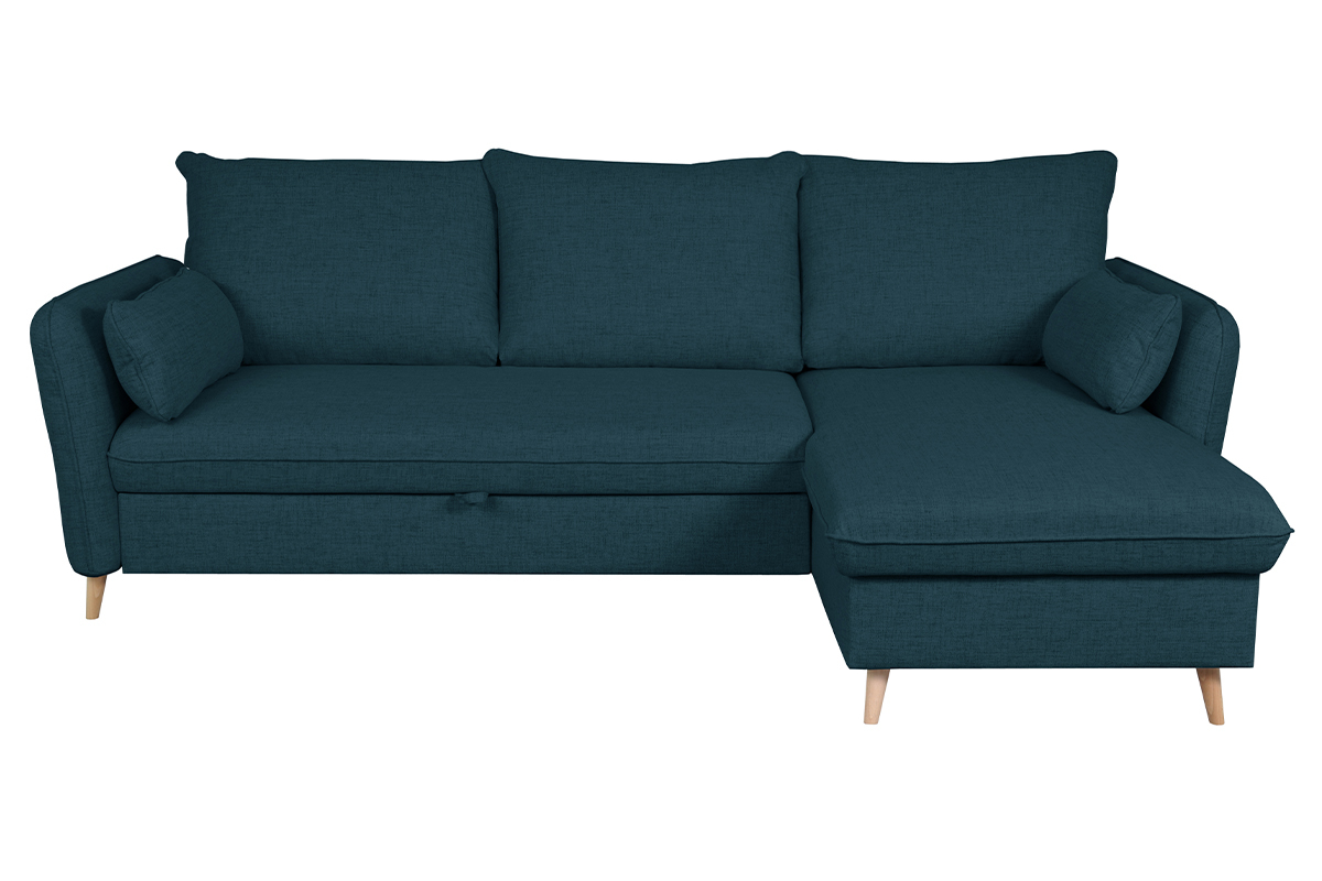 Sof cama con chaise longue 3-4 plazas con canap de tela azul marino y madera clara DRISS