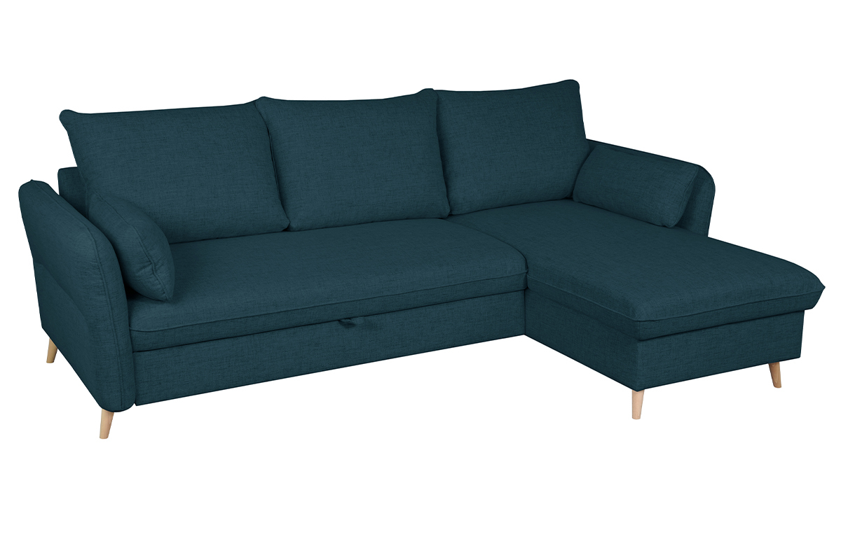 Sof cama con chaise longue 3-4 plazas con canap de tela azul marino y madera clara DRISS