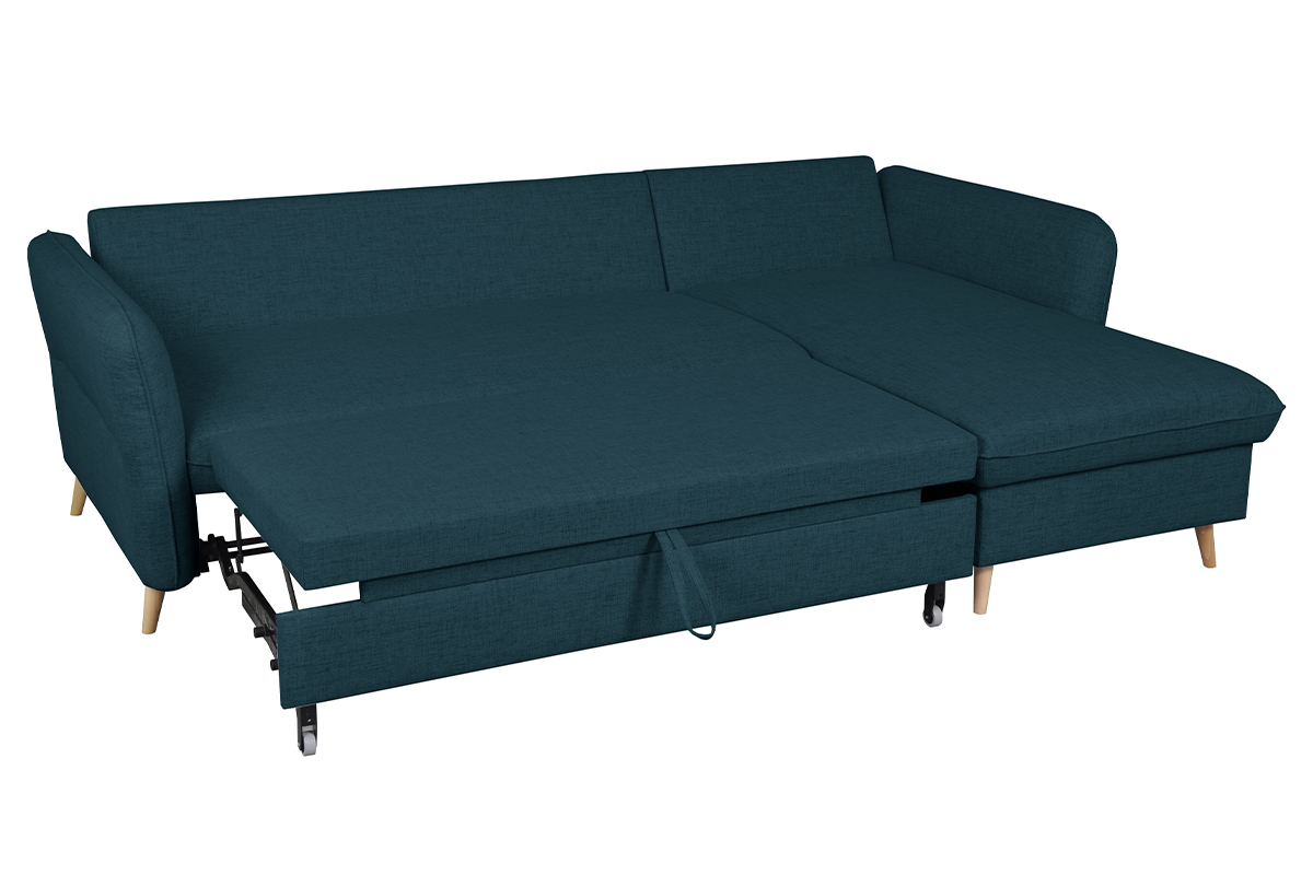 Sof cama con chaise longue 3-4 plazas con canap de tela azul marino y madera clara DRISS