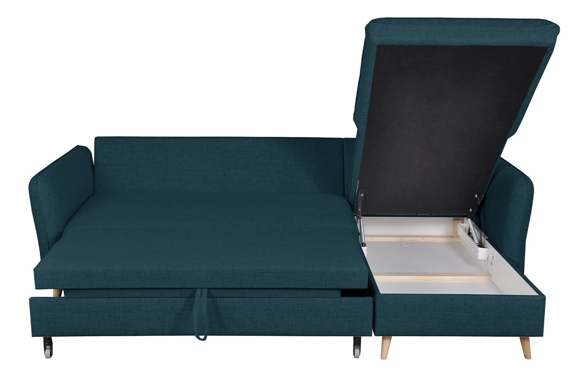 Sof cama con chaise longue 3-4 plazas con canap de tela azul marino y madera clara DRISS