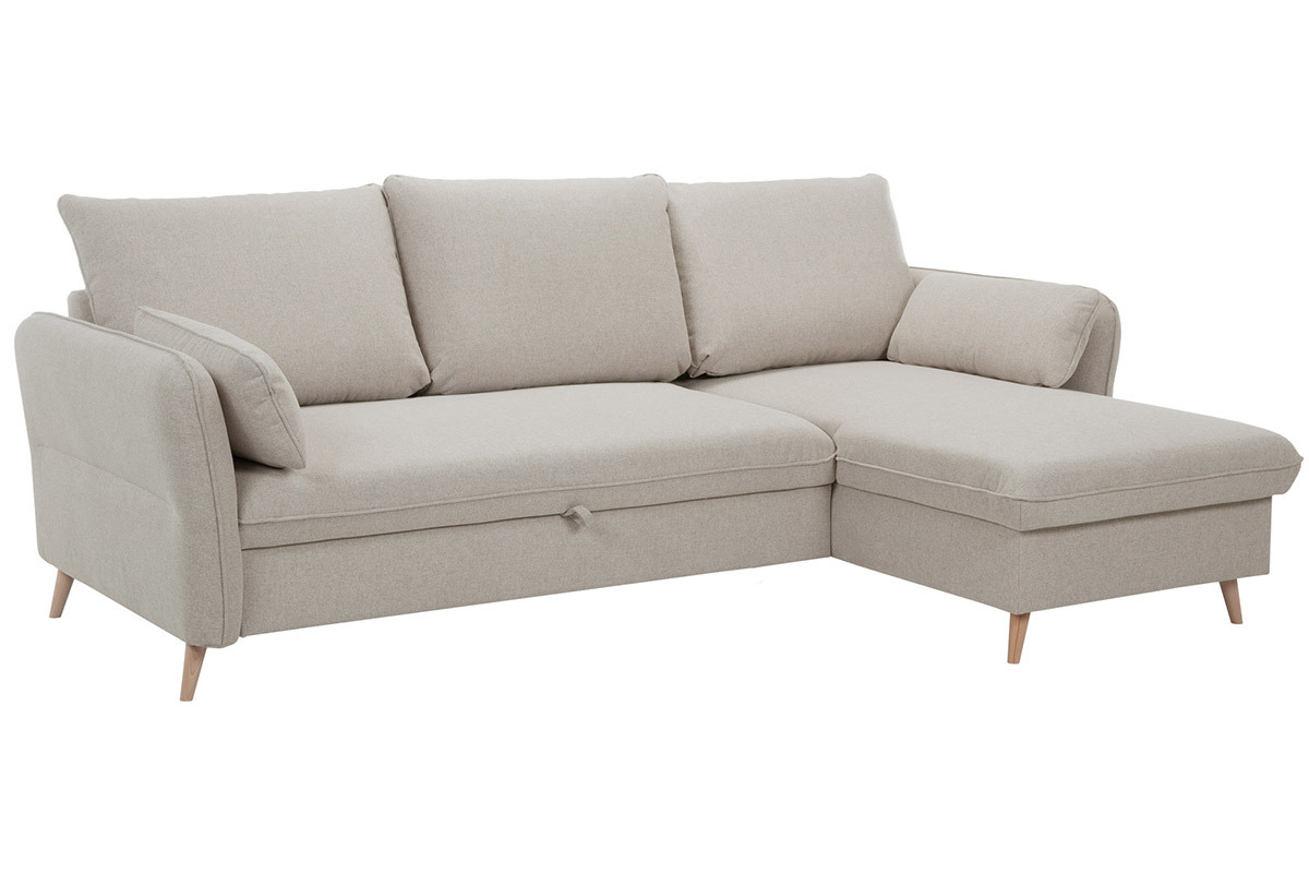 Sof cama con chaise longue 3-4 plazas con canap de tela beige y madera clara DRISS