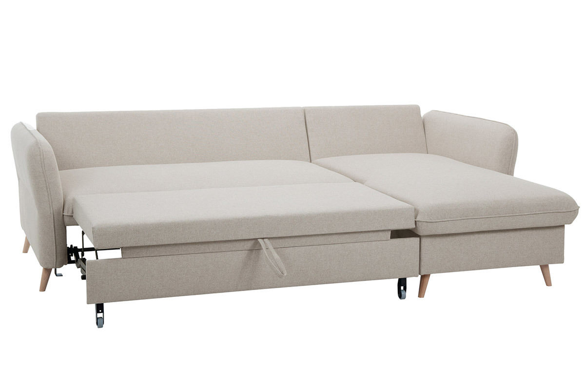 Sof cama con chaise longue 3-4 plazas con canap de tela beige y madera clara DRISS