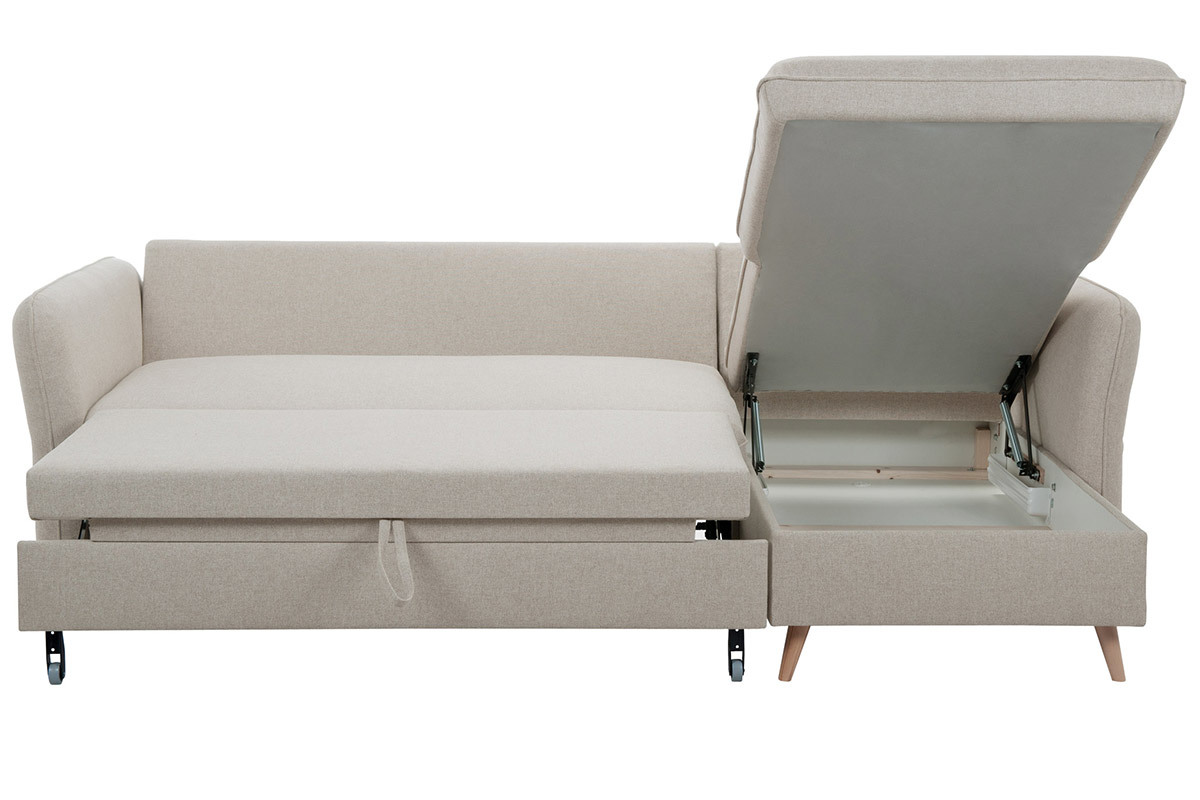 Sof cama con chaise longue 3-4 plazas con canap de tela beige y madera clara DRISS