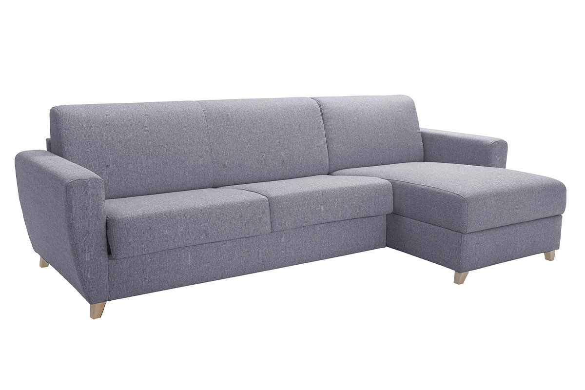 Sof cama con chaise longue reversible con canap 4 plazas de tela gris y madera clara GRAHAM