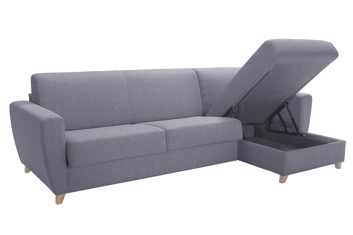 Sof cama con chaise longue reversible con canap 4 plazas de tela gris y madera clara GRAHAM