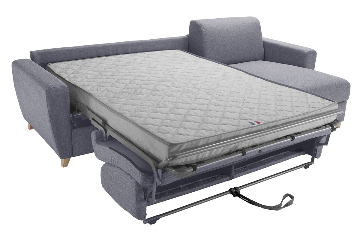 Sof cama con chaise longue reversible con canap 4 plazas de tela gris y madera clara GRAHAM