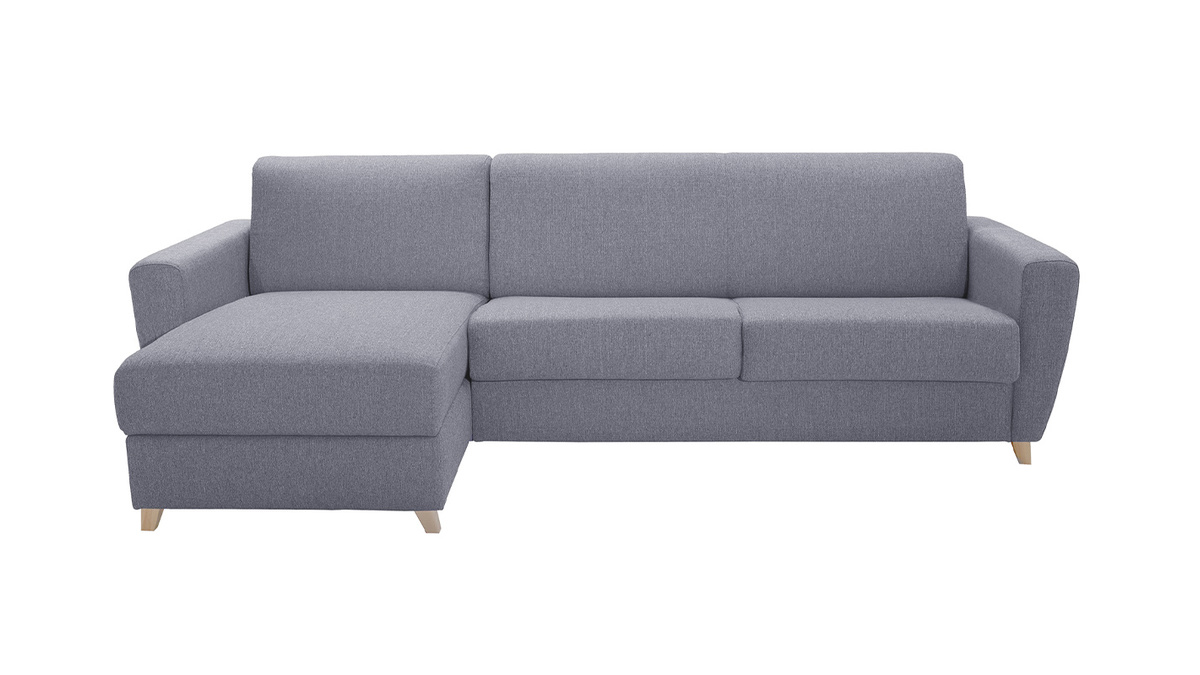 Sof cama con chaise longue reversible con canap 4 plazas de tela gris y madera clara GRAHAM