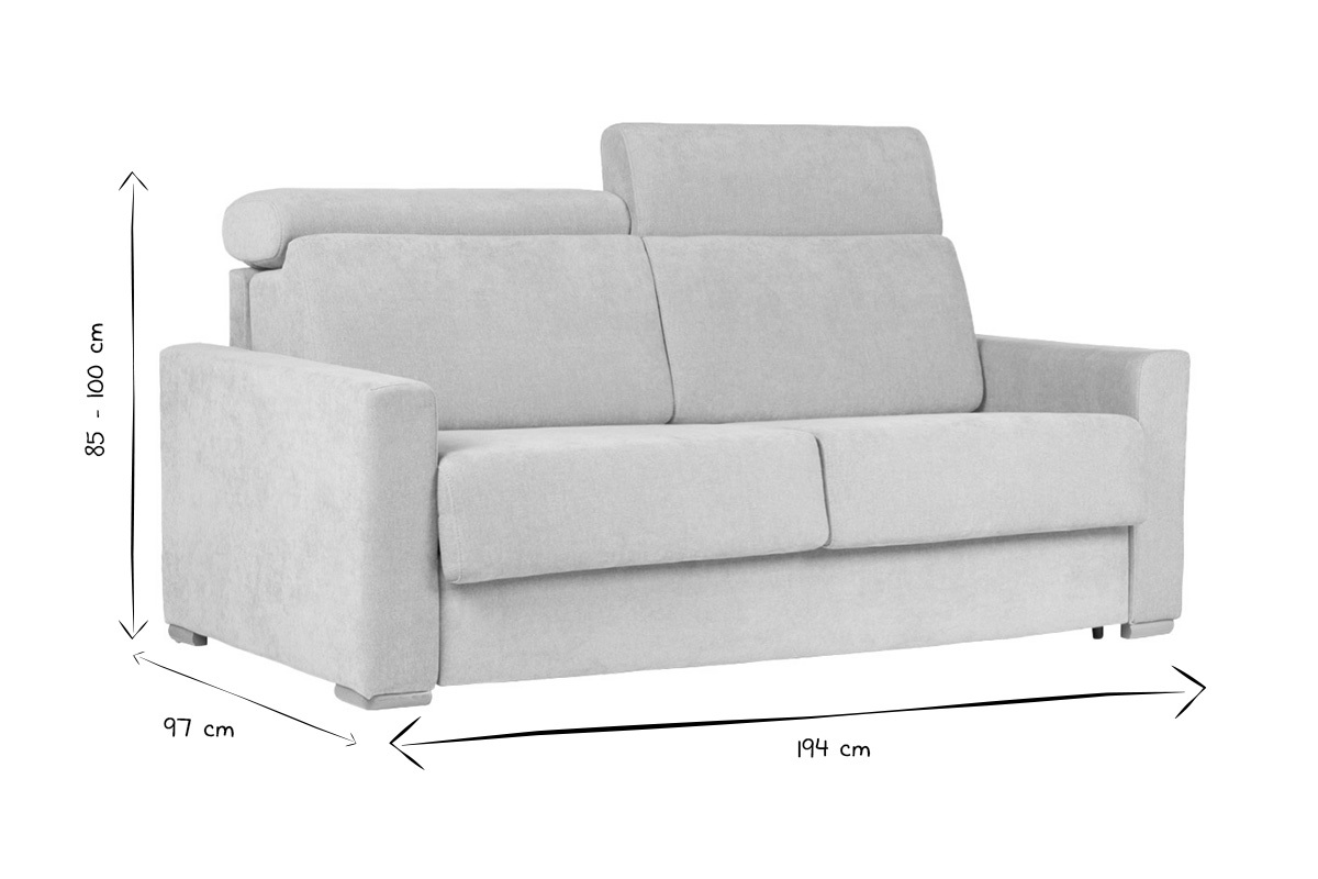 Sof cama convertible de 3 plazas en tela de efecto terciopelo beige con reposacabezas ajustables y colchn de 18 cm NORO