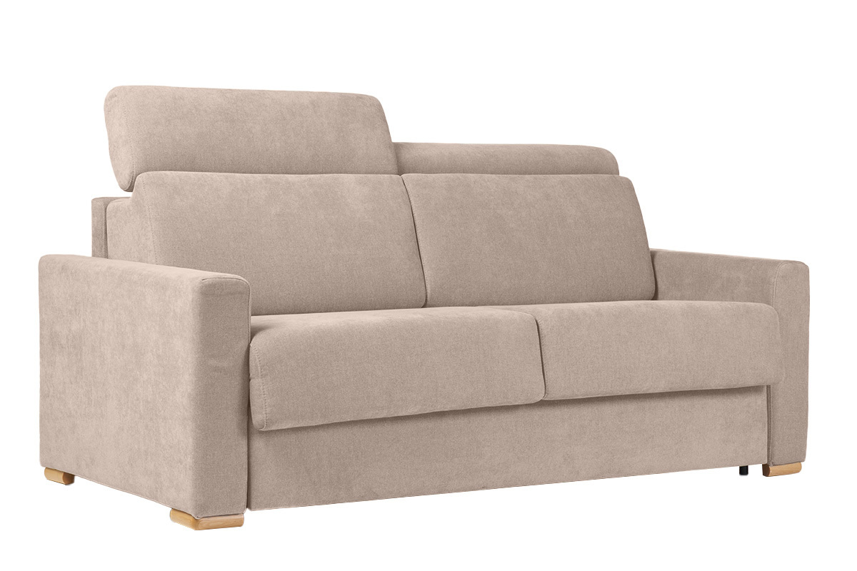 Sof cama convertible de 3 plazas en tela de efecto terciopelo beige con reposacabezas ajustables y colchn de 18 cm NORO