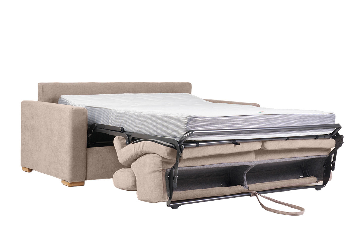 Sof cama convertible de 3 plazas en tela de efecto terciopelo beige con reposacabezas ajustables y colchn de 18 cm NORO