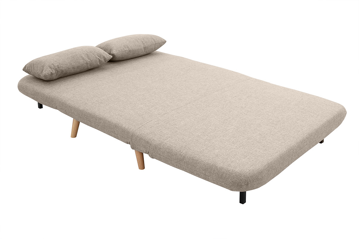 Sof cama de 2 plazas convertible en tela topo y madera clara AMIKO