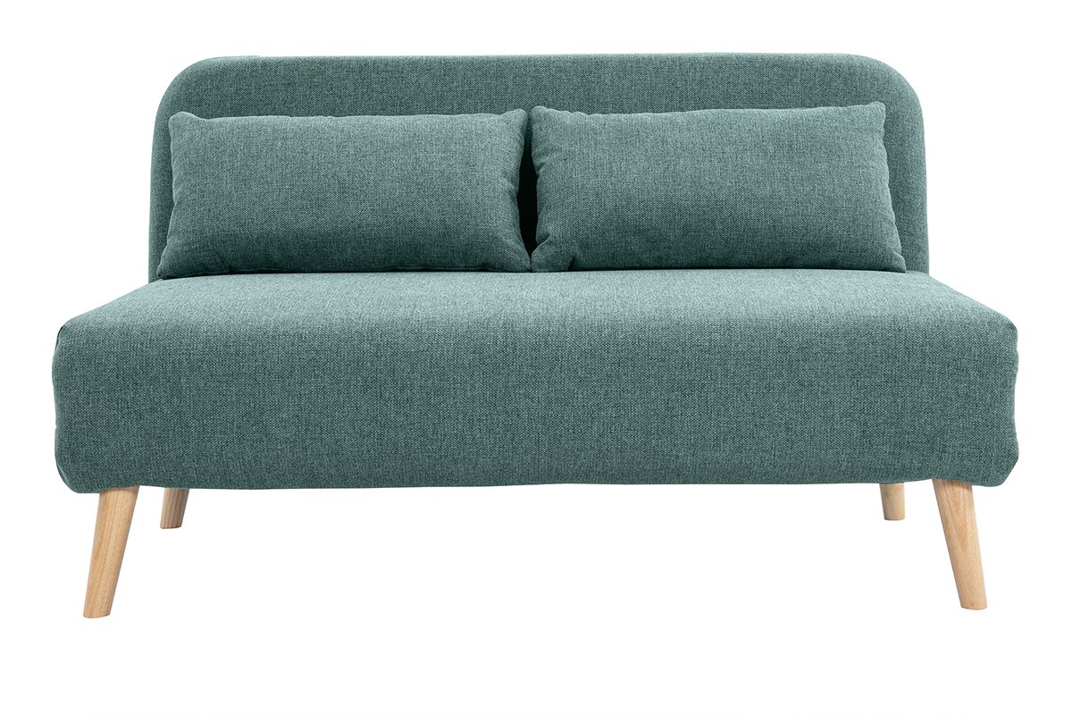 Sof cama de 2 plazas convertible en tela verde gris y madera clara AMIKO