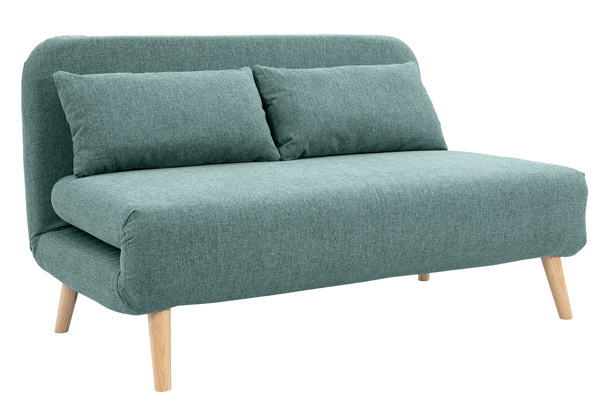 Sof cama de 2 plazas convertible en tela verde gris y madera clara AMIKO