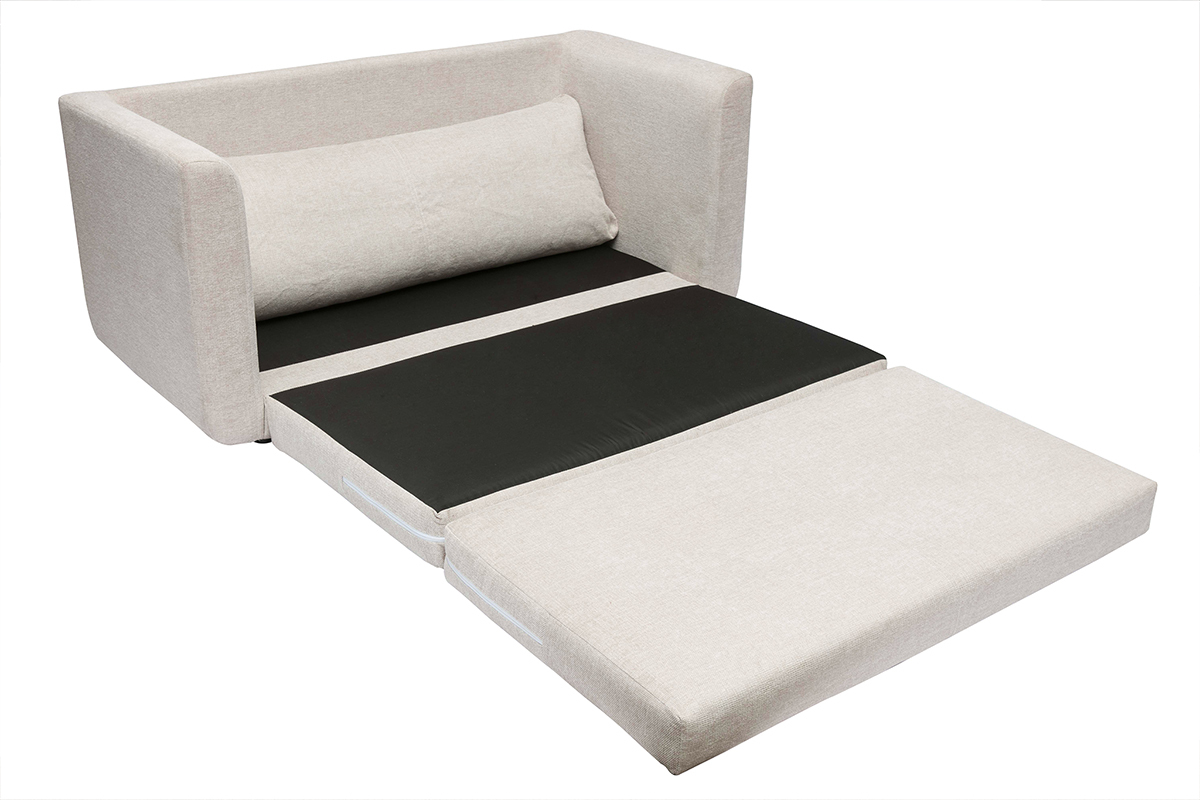 Sof cama de 2 plazas de tela efecto terciopelo texturizado beige LEON