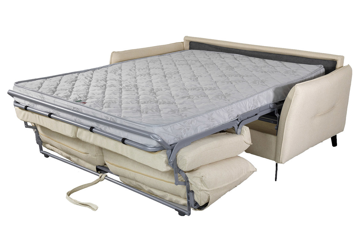 Sof cama de diseo de 3 plazas en tela beige natural y metal negro LIAM