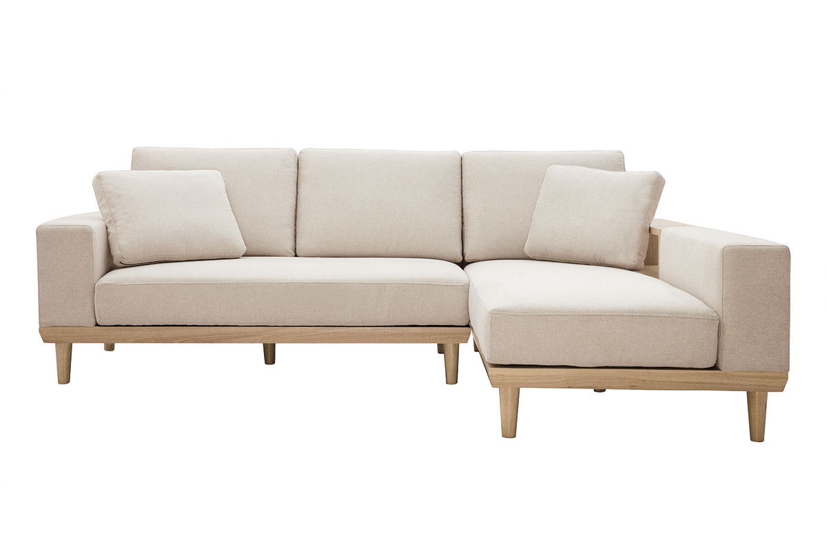 Sof chaise longue a la derecha 5plazas con almacenaje de tela texturizada beige efecto aterciopelado y madera clara KOMAO