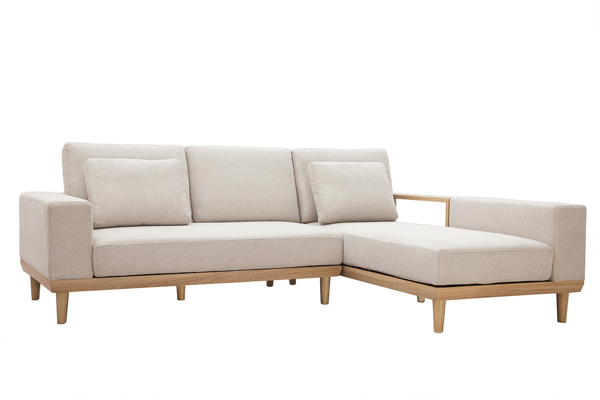 Sof chaise longue a la derecha 5plazas con almacenaje de tela texturizada beige efecto aterciopelado y madera clara KOMAO