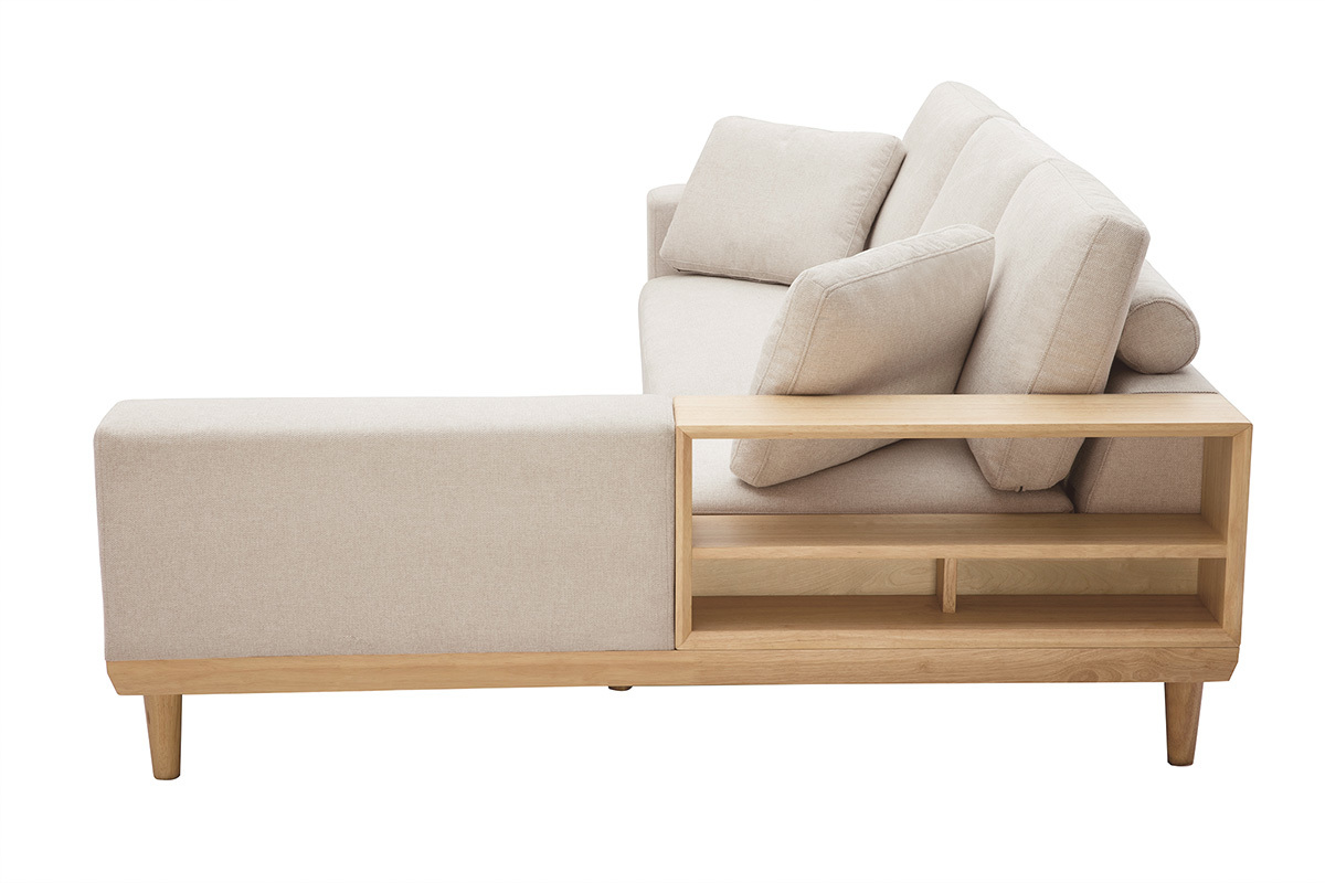 Sof chaise longue a la derecha 5plazas con almacenaje de tela texturizada beige efecto aterciopelado y madera clara KOMAO