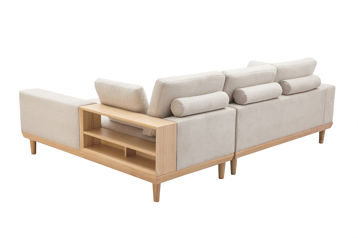 Sof chaise longue a la derecha 5plazas con almacenaje de tela texturizada beige efecto aterciopelado y madera clara KOMAO