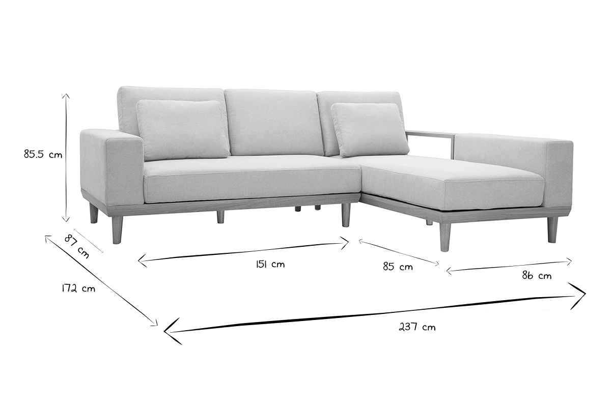 Sof chaise longue a la derecha 5plazas con almacenaje de tela texturizada beige efecto aterciopelado y madera clara KOMAO