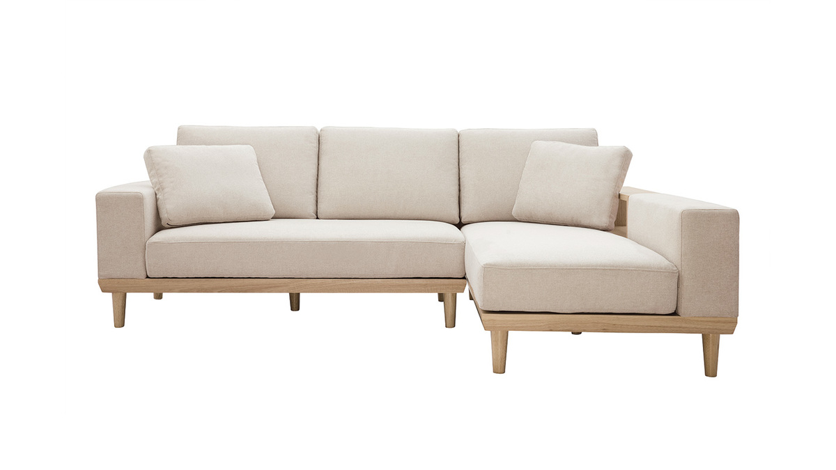 Sof chaise longue a la derecha 5plazas con almacenaje de tela texturizada beige efecto aterciopelado y madera clara KOMAO