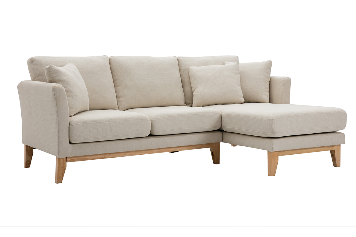 Sof chaise longue a la derecha beige y madera clara 4 plazas desenfundable OSLO