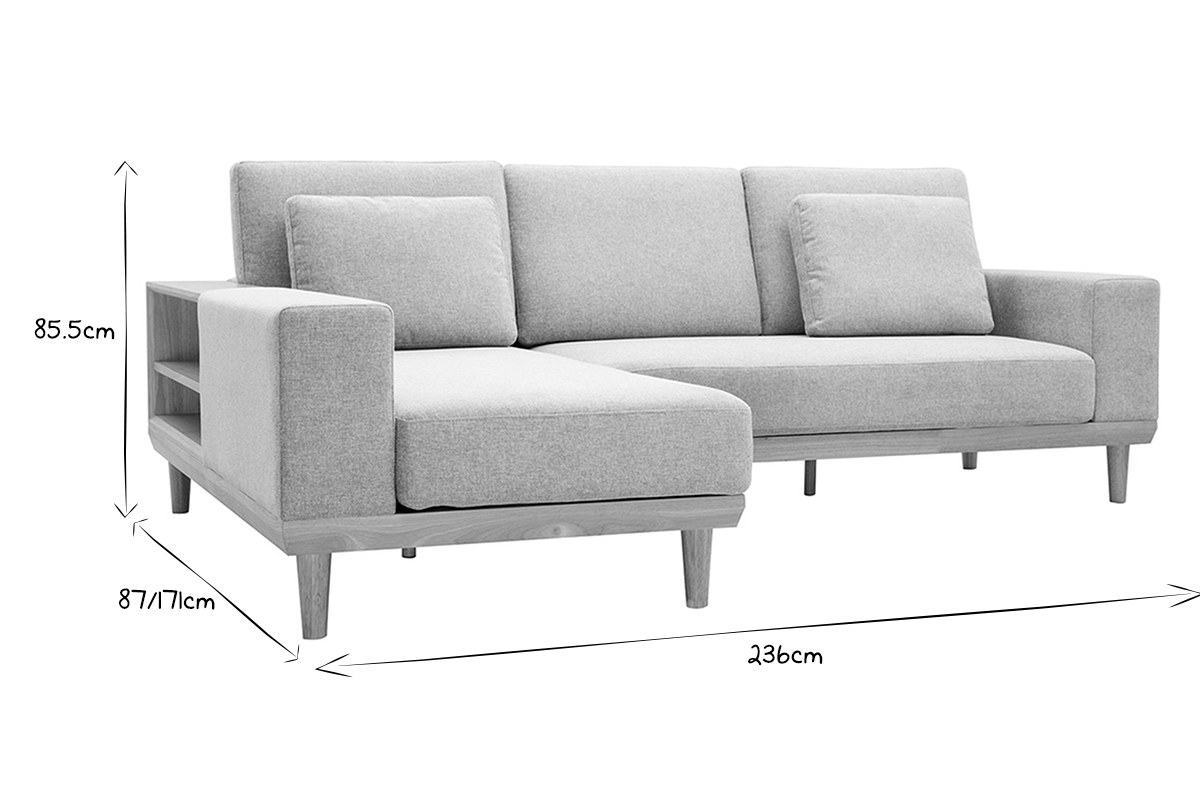 Sof chaise longue a la izquierda 5plazas con estantes en tela texturizada gris claro efecto aterciopelado y madera clara KOMAO