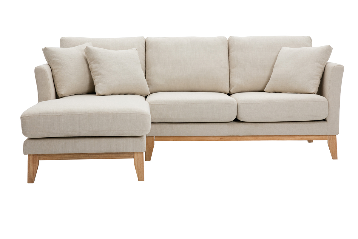 Sof nrdico con chaise longue a la izquierda en tela beige desenfundable con madera clara 3-4 plazas OSLO