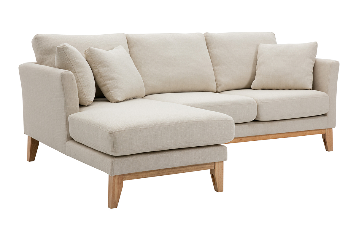 Sof nrdico con chaise longue a la izquierda en tela beige desenfundable con madera clara 3-4 plazas OSLO