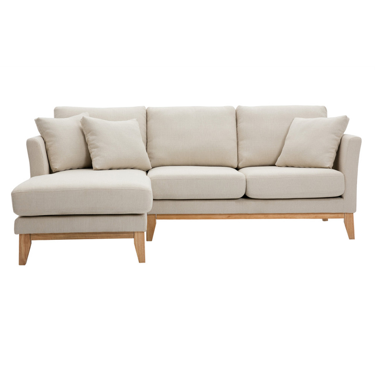 Sofá nórdico con chaise longue a la izquierda en tela beige desenfundable con madera clara 3-4 plazas OSLO